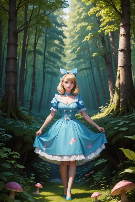 A 8k detailed painting of a Disney Alice in Wonderland style. Alice is a 50s pinup style character with a body-waist shot. She is standing in a magical forest filled with giant mushrooms. The background is a bright sky with fluffy clouds. The forest floor ...