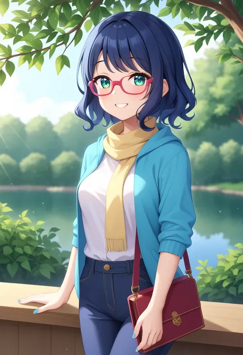 Mika-chan 【 situations 】  figure refreshing in nature : "A calm and thoughtful girl standing by a serene forest lake, surrounded by tall green trees and a misty morning atmosphere. She is wearing a light green sweater and jeans, gazing at the water with a ...