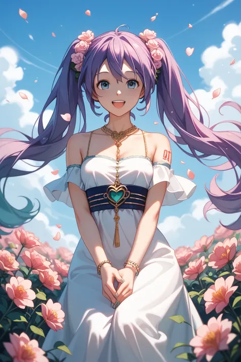  Hatsune Miku 、 cute、Purple Hair、smile、happy、 eyes are meditating、Im wearing a dress made of lots of flowers、Five fingers、 standing above the clouds、 singing、 top quality 、 no fix、wallpaper