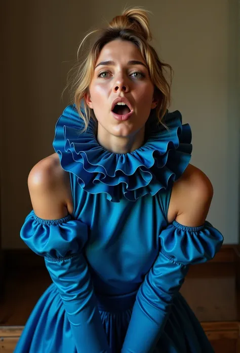 (realistic photograph close up sideways cheerful), (birds eye view), (a beautiful looking surprised smiling hot D cup woman having an orgasm with (messy hair bun)), (she is wearing (an exaggerated elaborate shiny blue high neck dress with (huge puff sleeve...