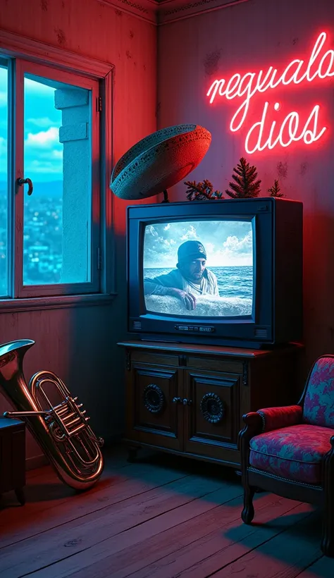 An old room, with a giant television, trombone and a Mexican hat, around bright and colorful lights, LED type and on the wall the word  Regalo de DIOS