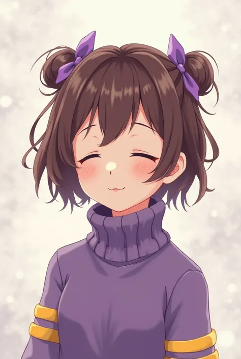 Anime girl with short brown hair and eyes closed with a purple turtleneck sweater with two yellow stripes and two purple hair bows