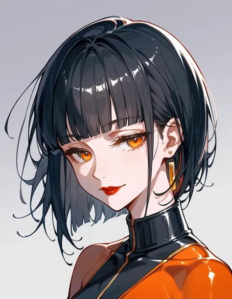 Artwork,,,,back view,adult female,single woman,alone,light black hair,long straight hair,short blunt bangs,golden and orange eyes,half closed eyes,red lipstick,full lips,expressionless,gentle smile,pale skin,medium breasts,tight suit with sleeves and weari...