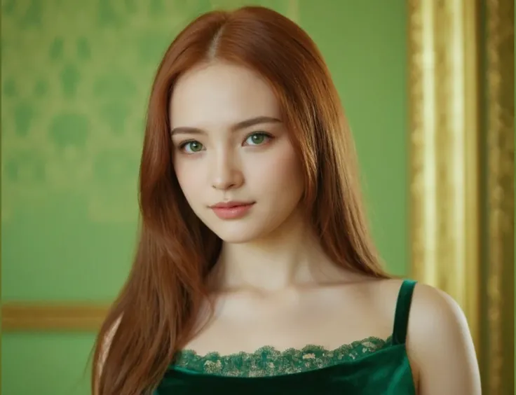 Young woman, 18 years old, Russian, velvet hair, redhead, medium breasts, slim body, medium ass, green eyes