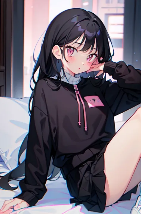  long black hair, pink inner , Twin-tailed, White blouses,  Black ruffle skirt , A black ribbon,  Pink zip-up sweatshirt,  Raw Feet ,  black shoes, cute,