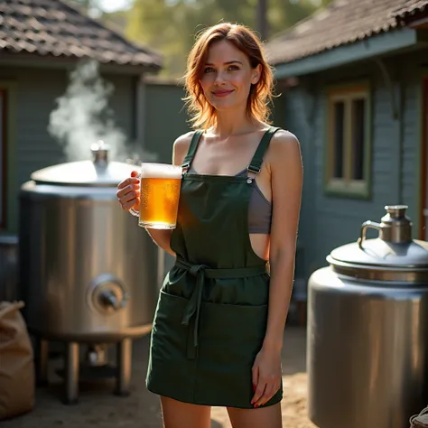 Frontal view. High quality. Full-length photo. Beautiful pleasant woman 30-32 years old, full-breasted, short wavy dark red hair slicked back, in a dark green short kitchen apron on her naked body, brewing homemade beer. Naked gorgeous legs and knees. Divi...