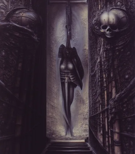 H. R. Gigers g1g3r, , Giger_style, H. R. Gigers g1g3r, , Giger_style, The image is a detailed view of H.R. Gigers " HRG Aleph " plate, featuring ( The image depicts a surreal, dark artwork featuring a human figure suspended between two hordous-like structu...