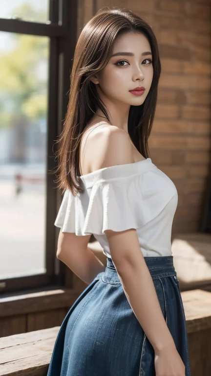 (( top quality , 8k, masterpiece :1.3)),  cowboy shot、 sharp concentration  :1.2,  a beautiful mature woman , Age 25, Woman working in a stylish cafe、 off-shoulder t-shirt、( long flare skirt:1.2)、 big and shaped ass on a sunny summer day 、 Wide Hips、 Beaut...