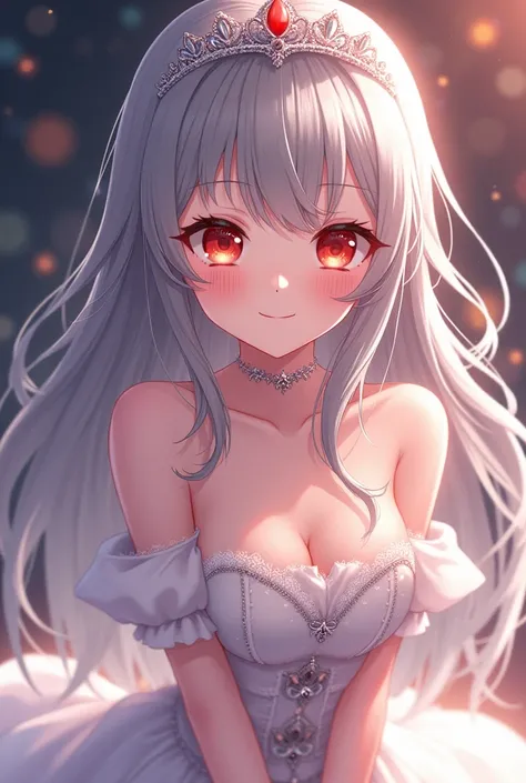 Grey Hair, beautiful women,Older sister,Red eyes,  orange eyes, Big Breasts ,  smiles,  Bright Eyes , princess, white dress, tiara , wide angle shot,  glitter effect,  motion blur being retouched,  Godley,  anime style,  Japanese illustration style,  mysti...