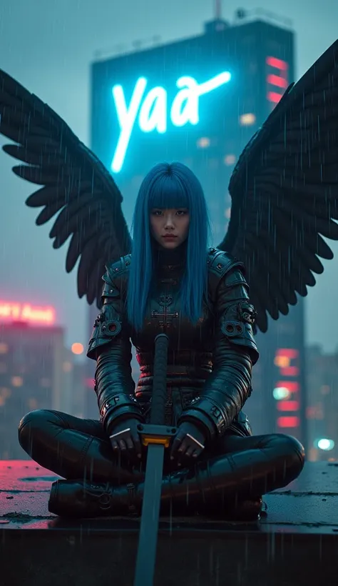 
Frog eye lens potoshoot (2:12)full leght photo of a [ beautiful cyberpunk angel ]::2,long blue bob hair,  japanese tactical armor cyberpunk chlotes , big black angel wings , sits on the roof of the apartment building and appears behind it Billboard with b...