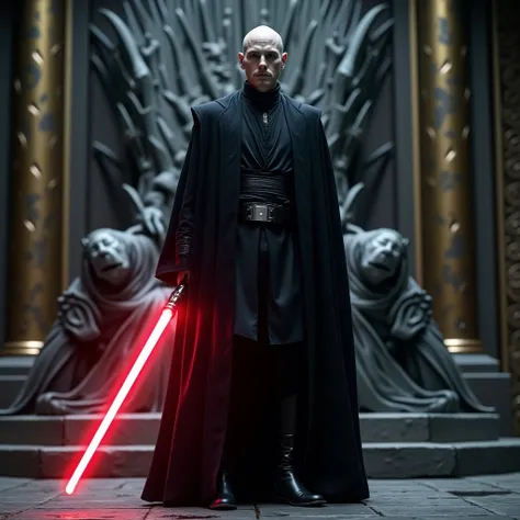 a humanoid man  (Similar to Voldemort )  He wears black Jedi robes .  He wears black boots .  He carries a single-bladed red lightsaber.  He is on a metal platform .  Behind it ,  there is an iron throne .  Around it are metal pillars with gold and silver ...