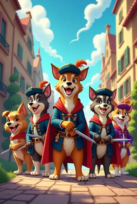 Five musketeers who are not humans but dogs. Cartoon version. Inspired by the Spanish series DArtacan and the Three Mosqueperros