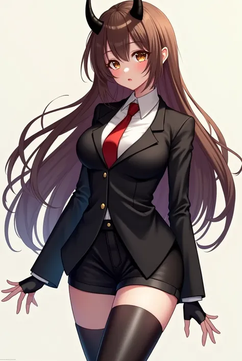 Masterpiece. Anime girl. Brown long hair. Light brown eyes. Black small horns. Black suit. Red tie. Black short skirt on pants. Black long boots. Pouting.