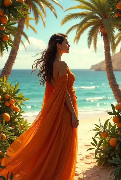 Life in Hispania, woman on the first place, background Hispanic Beach with hispanic oranges tree