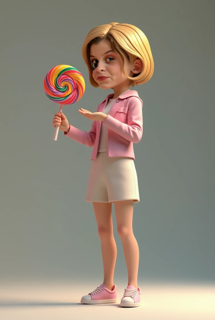 Realistic Teen with full body stretching out hand and offering chupa chups. 