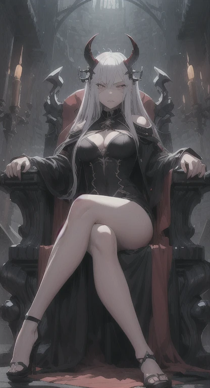 Hell fortress life, demon empress, Daria,

Glaring at Viewer, From below, Focus, 
Hell fortress, sitting throne,
​masterpiece, top-quality, Anatomically correct, SFW,
POV, imperial dress, legs crossed pose,