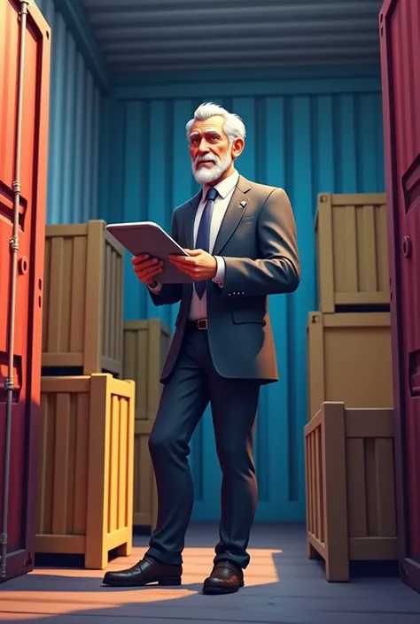 old man with gray hair, doing logistic work, dressed fancy, in a cargo unit, Fortnite style