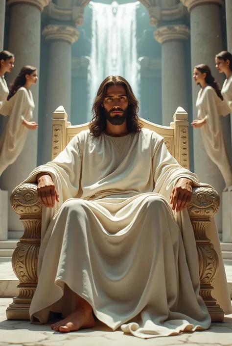 A realistic image of Jesus, sitting on a throne, with some angel ren around you , jesus looking at the camera,  powerfully drawing attention ,  a white marble palace in the background,  camera a little close to the face of Jesus,  In the background a water...