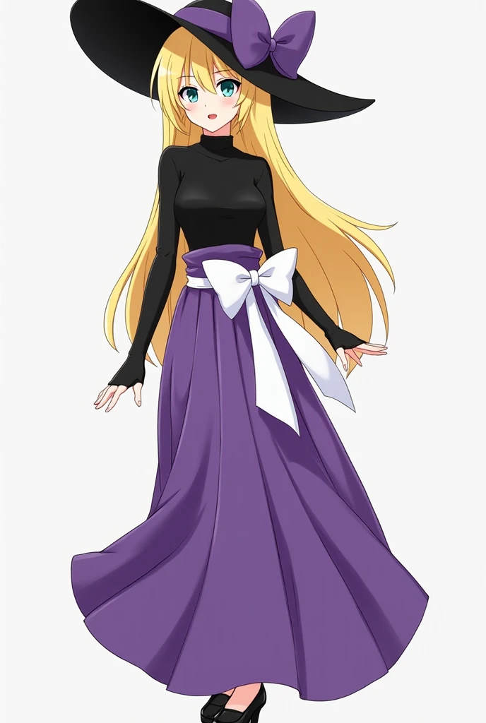 anime style 
woman
 
black hat fashion 
black hat with purple bow bun 
white waist ribbon with bow bun 
yellow hair
long hair
turquoise eye
black top
long purple skirt 
long skirt
covered legs with long skirt 
covered feets with long skirt 
over the legs a...