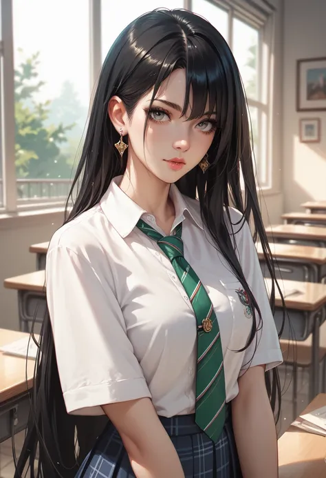 School class scenario, an Italian girl with very long black hair, thin, girl, the girl is wearing a blouse and a miniskirt with lapels