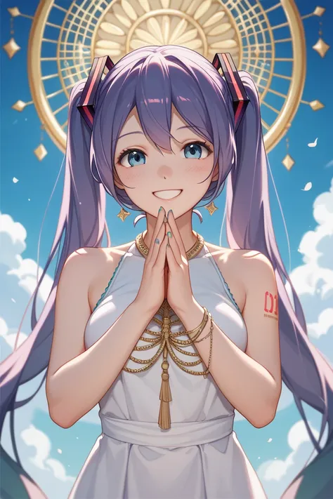  Hatsune Miku 、 cute、Purple Hair、smile、happy、 eyes are meditating、 colorful dress 、Princess Line、Five fingers、 standing above the clouds、 singing、 top quality 、 no fix、wallpaper