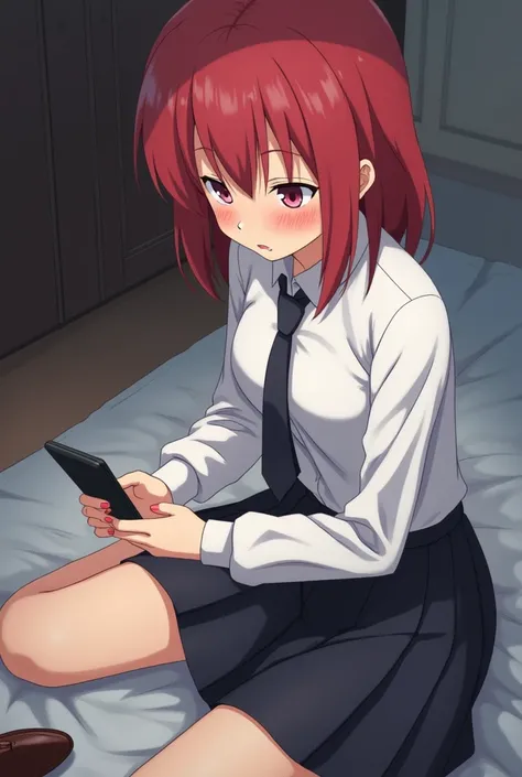  Maki Nishikino shoes in a white long-sleeved shirt with a tie , a dark skirt and ,  sitting on a bed tired from studying with a disgusted face looking at her cell phone