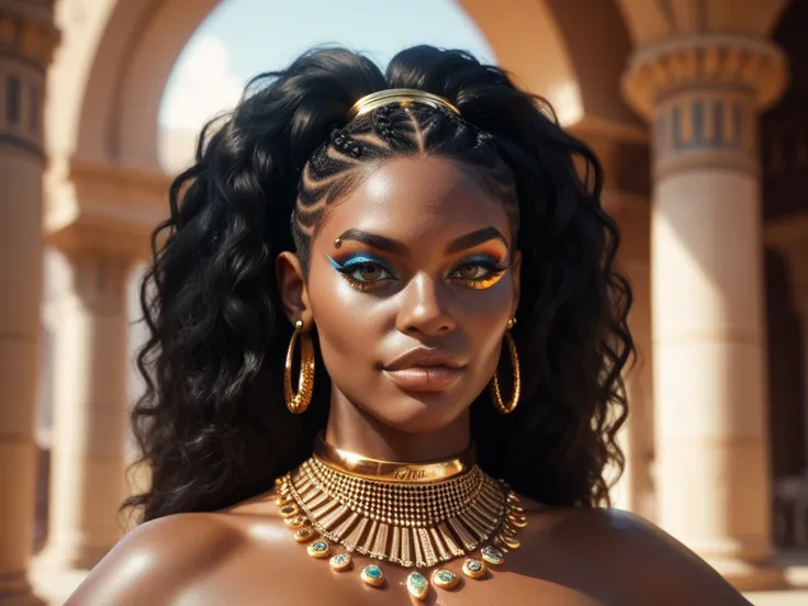  African queen , big boobs, gold bracelets and jewelry,  gorgeous black hair , piercing