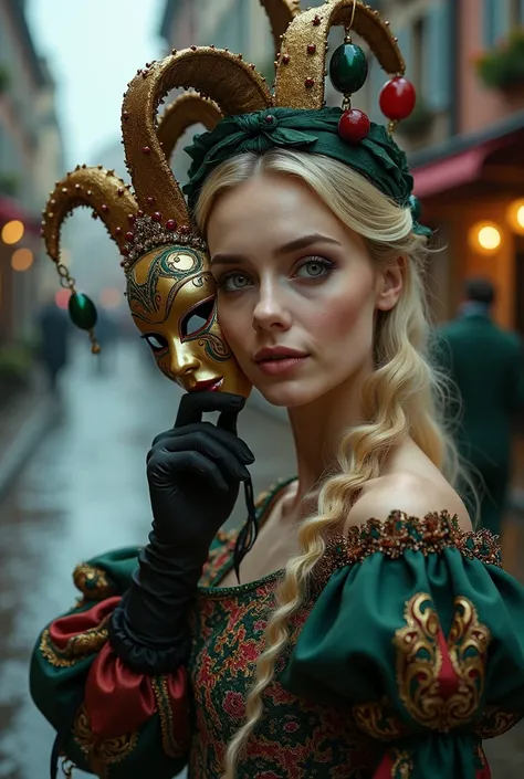  BLONDE WOMAN,  taking off a beautiful mask , After a dance on the street ,  costume by Pierrô woman ,  beautiful scene on a rainy night ,  green eyes teary with tears, gentle smile, precisa estar tirando a máscara Obra-prima, Detalhe, Detalhes altos, masc...