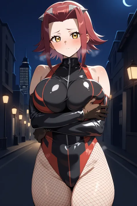 Izayoi Aki,megami magazine,short hair,red hair,M-shaped bangs,hair over shoulder,(very long sidelocks:1.1),forehead,hair ornament,yellow eyes,large breasts,
bare shoulders, (fishnet bodysuit:1.2), fishnet legwear, fishnets, gloves,large breasts, black body...