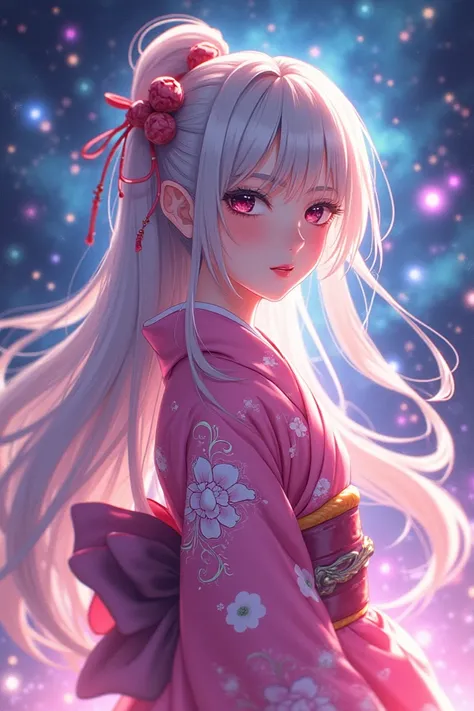 Beautiful girl, pink kimono, long hair, big bang, anime, 4K