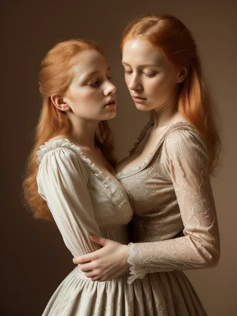 a girl whispering into another girls ear, overhead view, 1800s aesthetic, redhead and blonde hair, sharp facial features, (gigantic breasts:1.3),beautiful detailed lace dress, long puff sleeves, cinched waist, refined silk or fine cotton fabric, elegant vi...