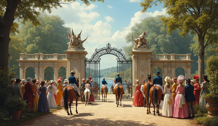 Color photo of a racing stable an aristocratic equestrian estate in Europe,in the 19th century. With horses, jockeys and ladies in colorful dresses Hats in the foreground featuring a grand entrance with stone pillars and a blacksmith iron gate, ,A lake in ...