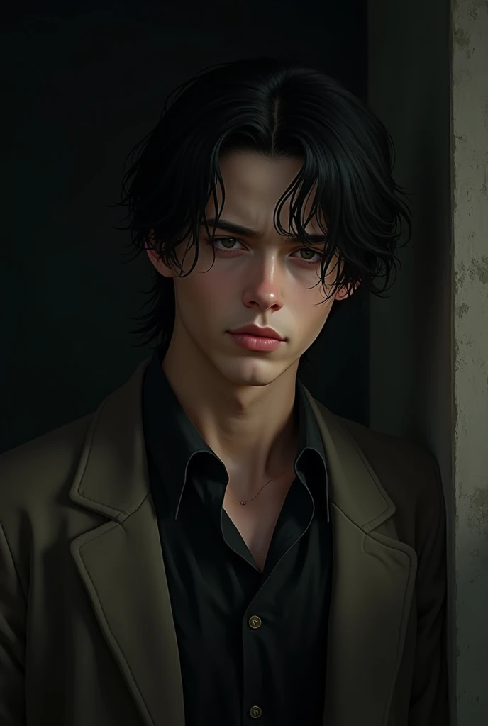  a boy of approximately 20 years old with semi-long black hair and black eyes masculine and realistic, with an expression of tiredness and seriousness with many shadows , wearing vintage clothing  