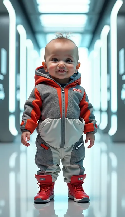 Now I want to create a one-year-old baby standing super cute in stylish clothes, futuristic style, the style of modern fashion.