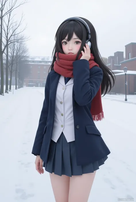 High school girl in uniform、 Japanese、pea coat、Snow Scene、 headphones、 scarf