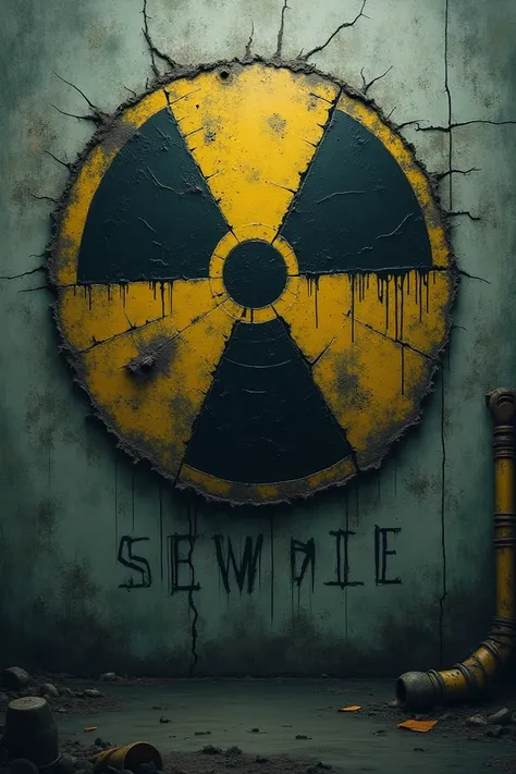 make an image with "sewage" written in the middle in black and a half-melted nuclear symbol in the background 