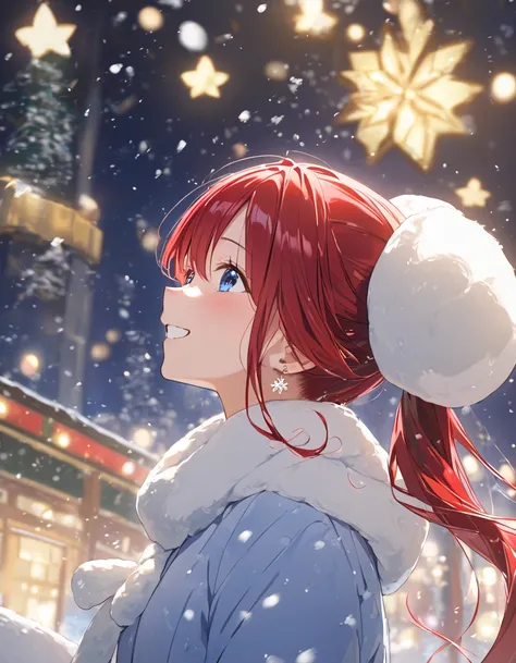 Age 23，         girl、             redhead、             long hair，             ponytail，        single earrings for women  ，         upper body， smile ，  意地悪なsmile，Anime Images，winter，     excited ，   girlの部屋の中，Santa hat，  blue eyes， PROFILE ，Look up a litt...