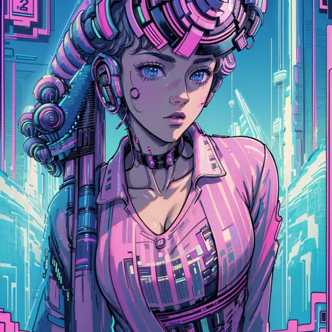 (((  Masterpiece  ,   top quality ))),32K Wallpaper,   very detailed, Poster,  retro vintage Sci-fi,(((((vaporwave))))),(((Absolutely Simple Background ))),(((Cleavage))),neon color duotone