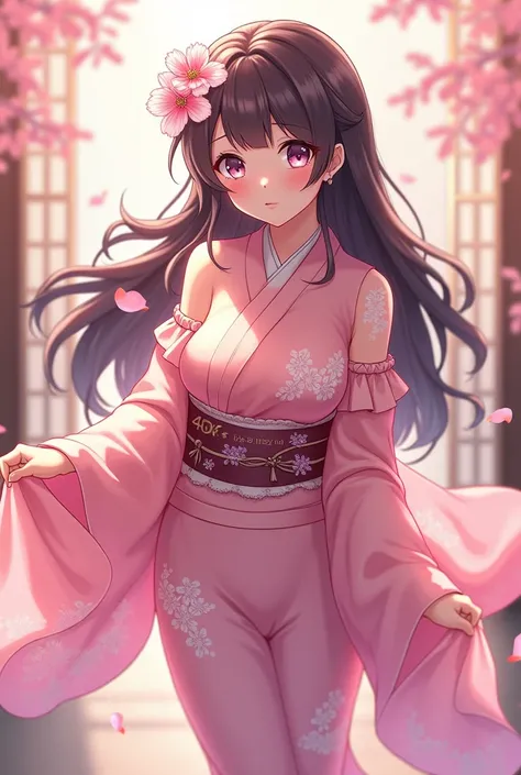 Beautiful girl, pink kimono, long hair, big breasts, anime, 4K