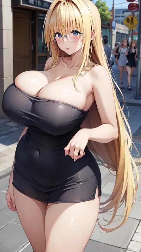 Tearje、Blonde、Glasses、 bath towel 、 super huge tits、bustling street