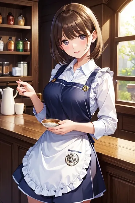  1 girl, Starbucks Apron,, masterpiece,  top quality ,  very detailed、my grandmother、 Shiny chestnut hair ,  short hair, ( Pretty Brown Eyes )、smile、 sparkling eyes , (Fine grain)、 super detailed eyes、 very detailedな顔,  very detailedな目, cowboy shot、