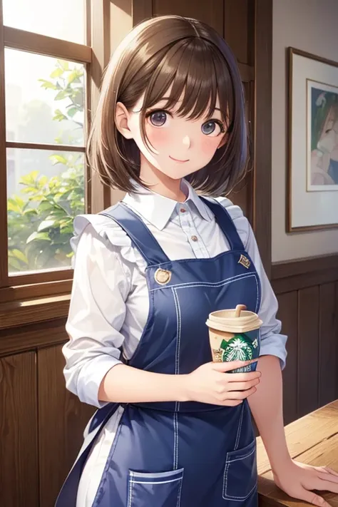  1 girl, Starbucks Apron,, masterpiece,  top quality ,  very detailed、my grandmother、 Shiny chestnut hair ,  short hair, ( Pretty Brown Eyes )、smile、 sparkling eyes , (Fine grain)、 super detailed eyes、 very detailedな顔,  very detailedな目, cowboy shot、