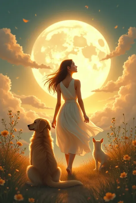 Traveling girl , ,  lover of the moon, Sil setting,  sunrise animals , golden retriever