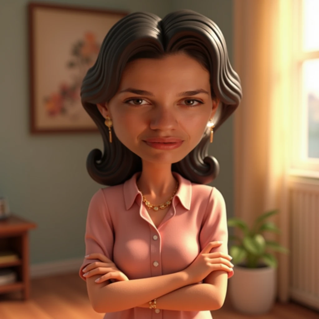 animated character de uma mulher usando uma camisa bege de manga longa sem decote e sem brincos,  with arms crossed ,  an animated character , stylized character,  render-style animation , 3D stylized, Arnold Maya Rendering, Stylized 3D render, renderizar ...