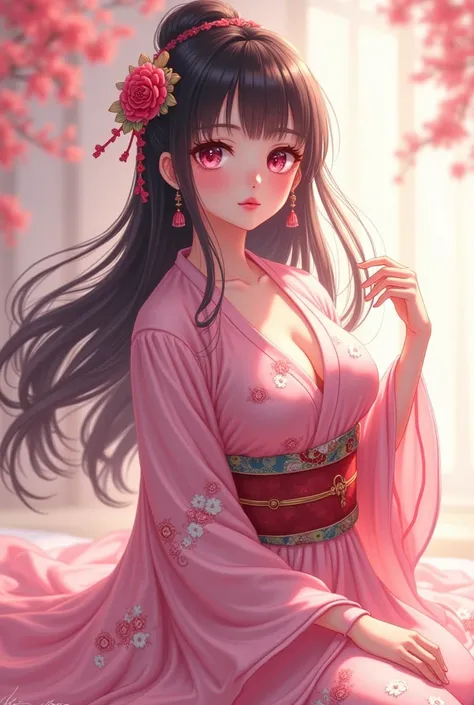 Beautiful girl, pink kimono, long hair, big breasts, anime, 4K