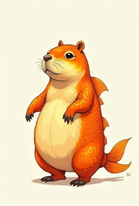 A drawing of a capybara wearing a full-body goldfish costume, simple