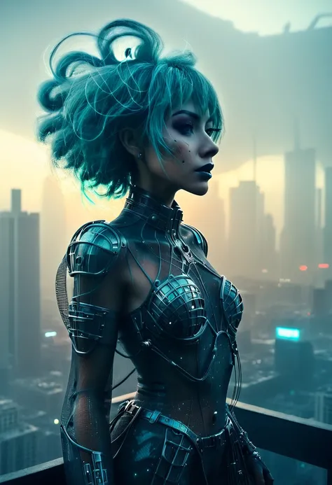 abstract colors, texture, film grain, skin pores:0.1 intricate dramatic portrait of a beautiful windblown scifi scientist standing on a balcony overlooking a futuristic (solarpunk)1.2 city, foggy morning, cinematic movie still frame, blade runner 2049, pun...