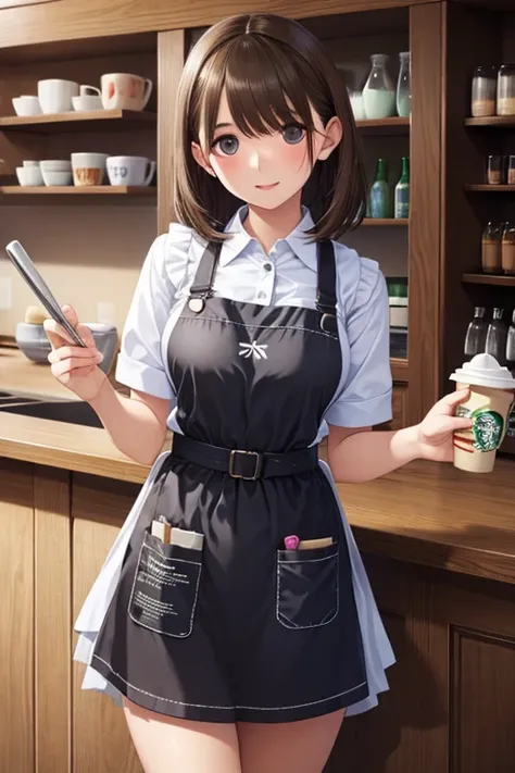  1 girl, Starbucks Apron,, masterpiece,  top quality ,  very detailed