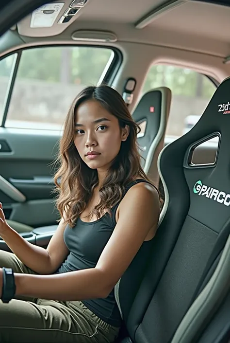 teenage girl, Mongoloid, Asian, dark skin,  Create a scene from an action movie featuring a confident and determined woman sitting in the driver’s seat of a car. She has a serious expression as she looks out the window with intense focus, conveying her rea...