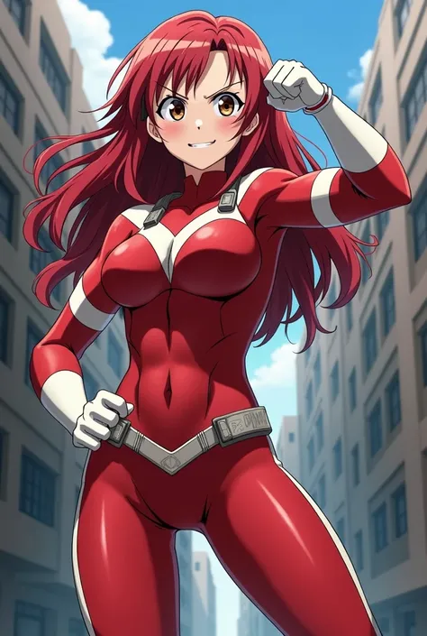 My Hero Academia Style , Anime girl, female, young female ,Full Body Shot,(fighting stance:1.3),Long hair, Red Hair,  Brown Eyes,Hero Suit, Full Body Suit, red suit with white details, perfect anatomy,  （Toughened Abs）,super detailed,(Buildings:1.2）